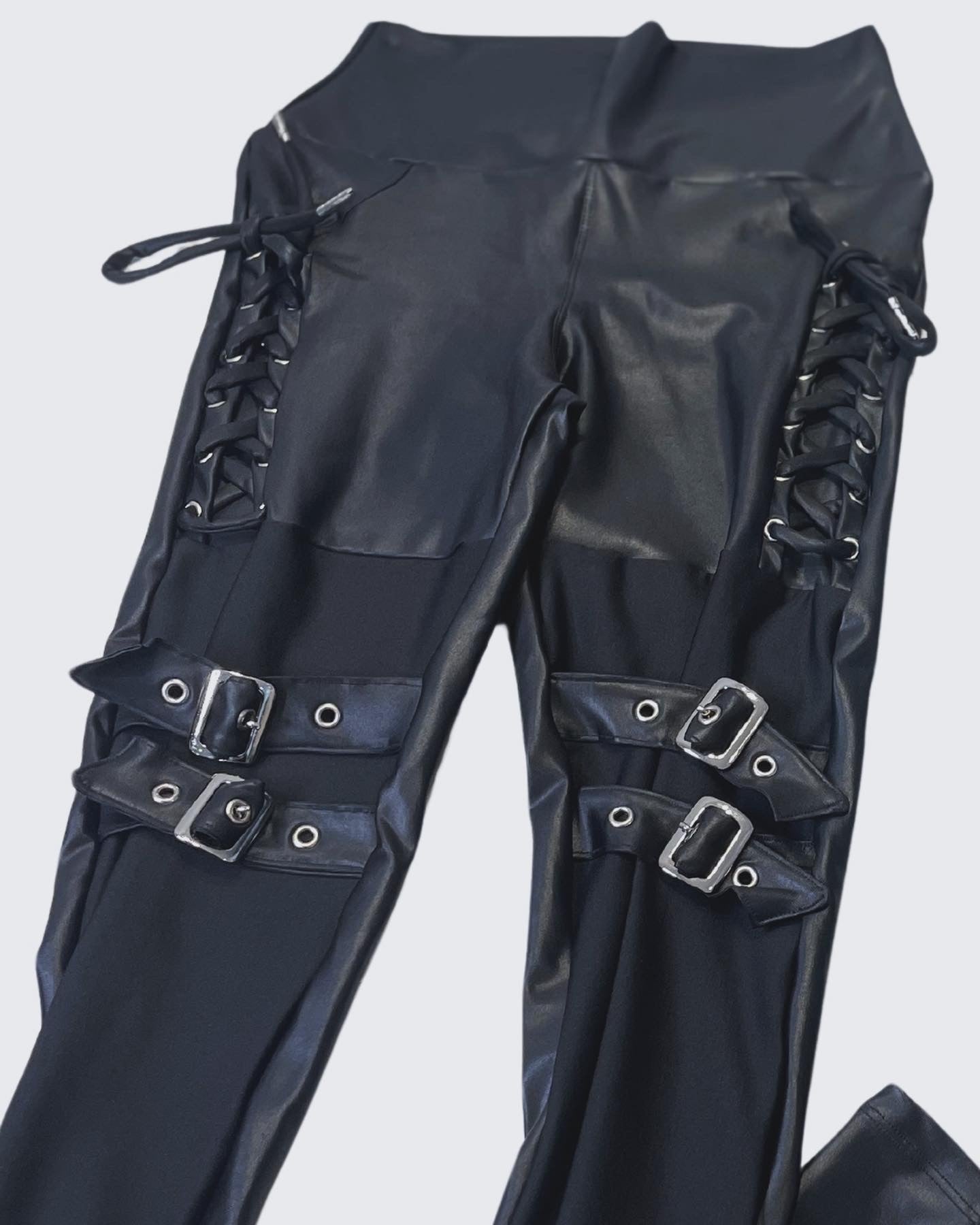 Leather Look Lace Up & Side Belts Legging
