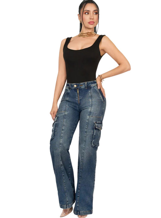 Dark Wash Wide-Leg Cargo Jeans