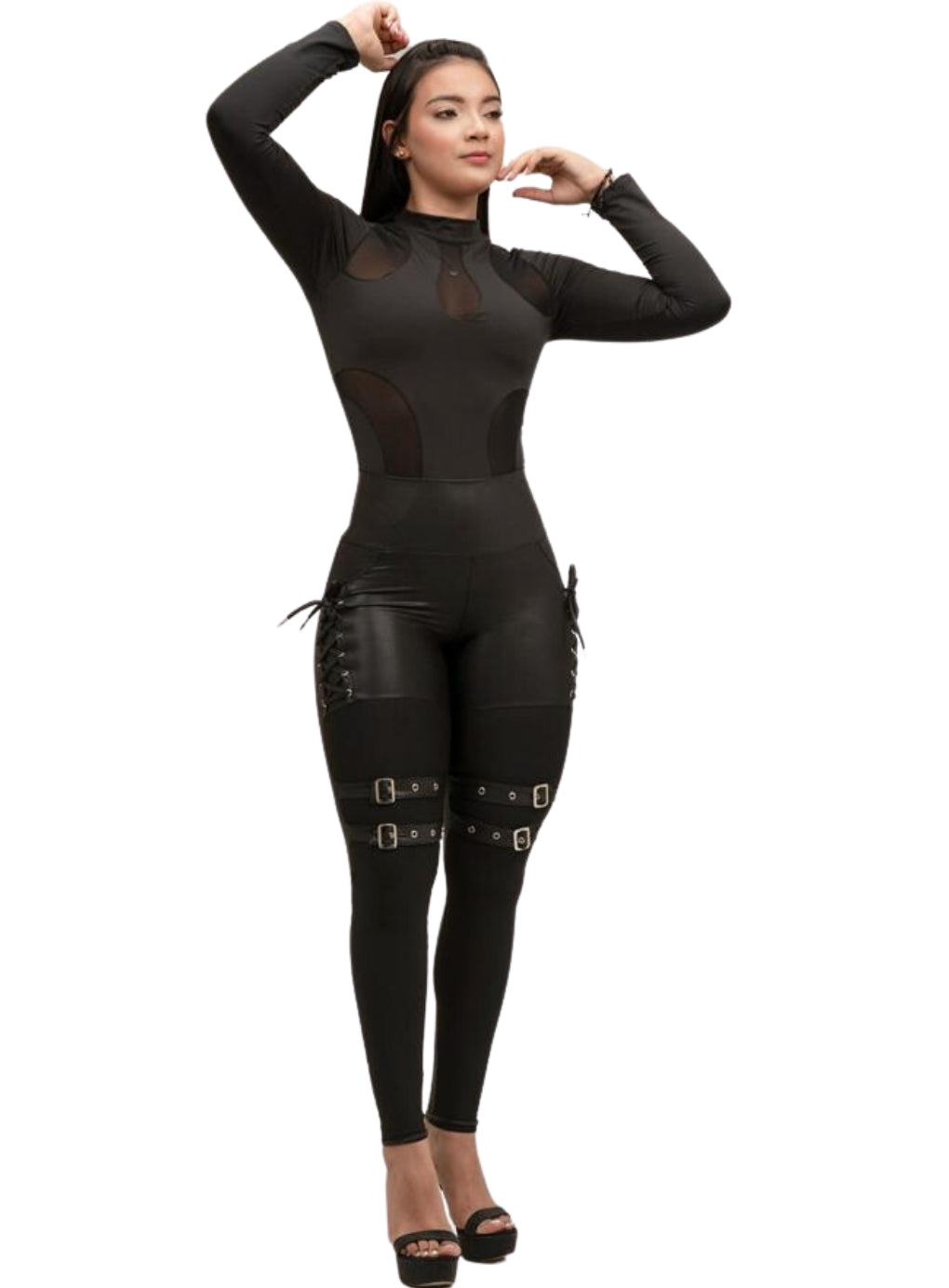 Leather Look Lace Up & Side Belts Legging