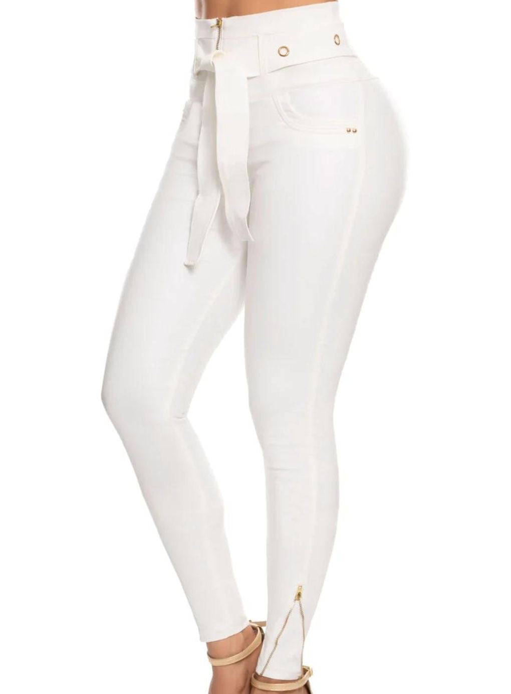 Leather Look Butt Lift Front Zipper White Pants