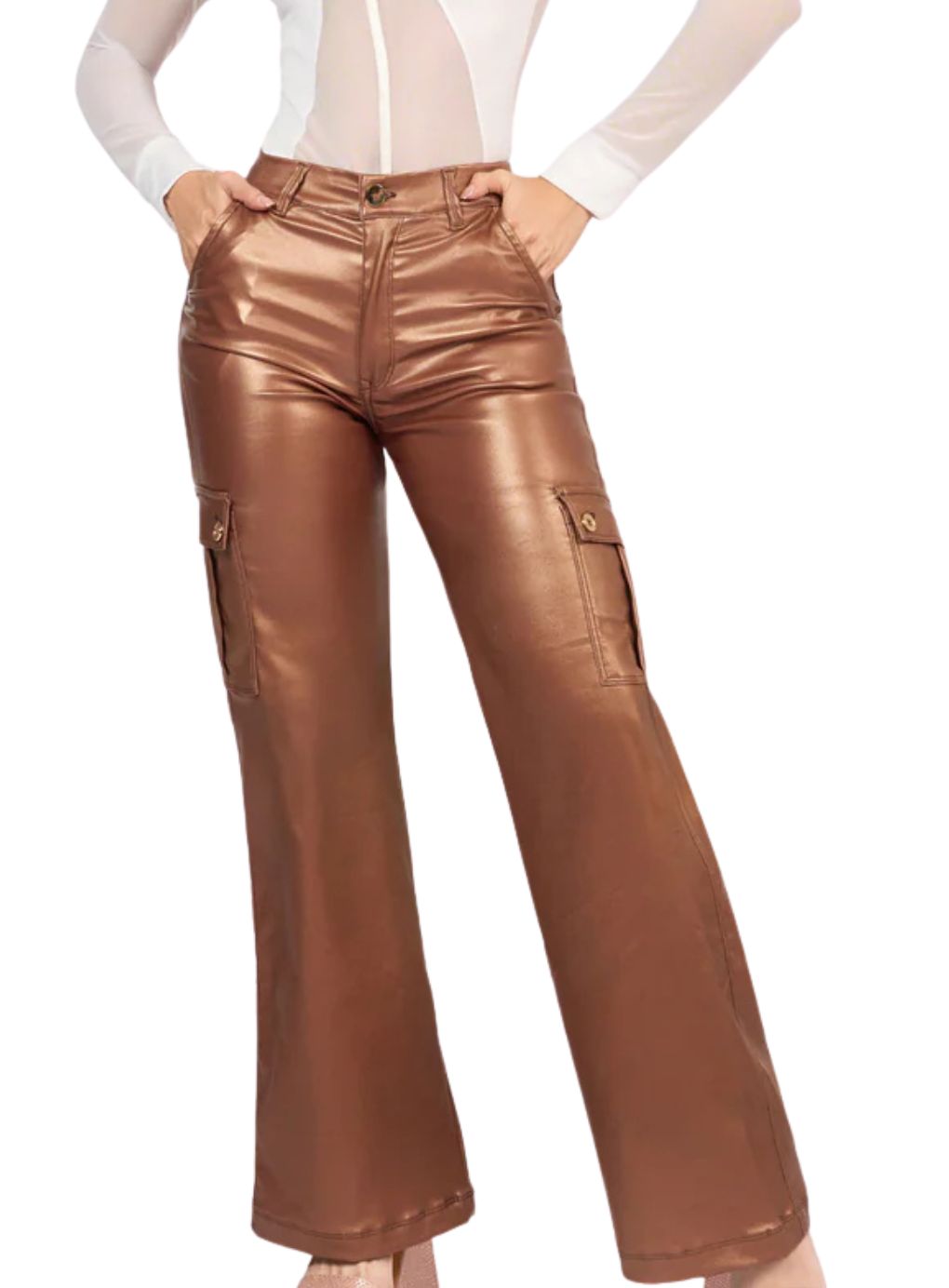 Copper Faux Leather Cargo Pants