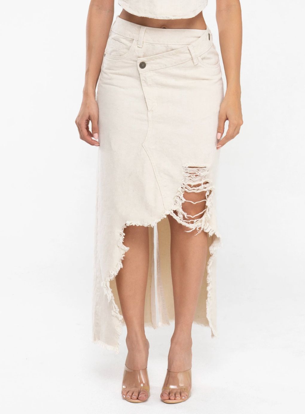 Distressed Denim Long Skirt
