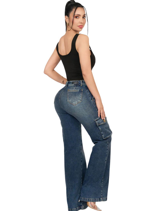 Dark Wash Wide-Leg Cargo Jeans