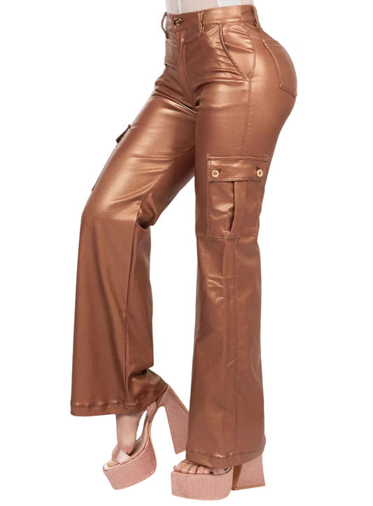 Copper Faux Leather Cargo Pants