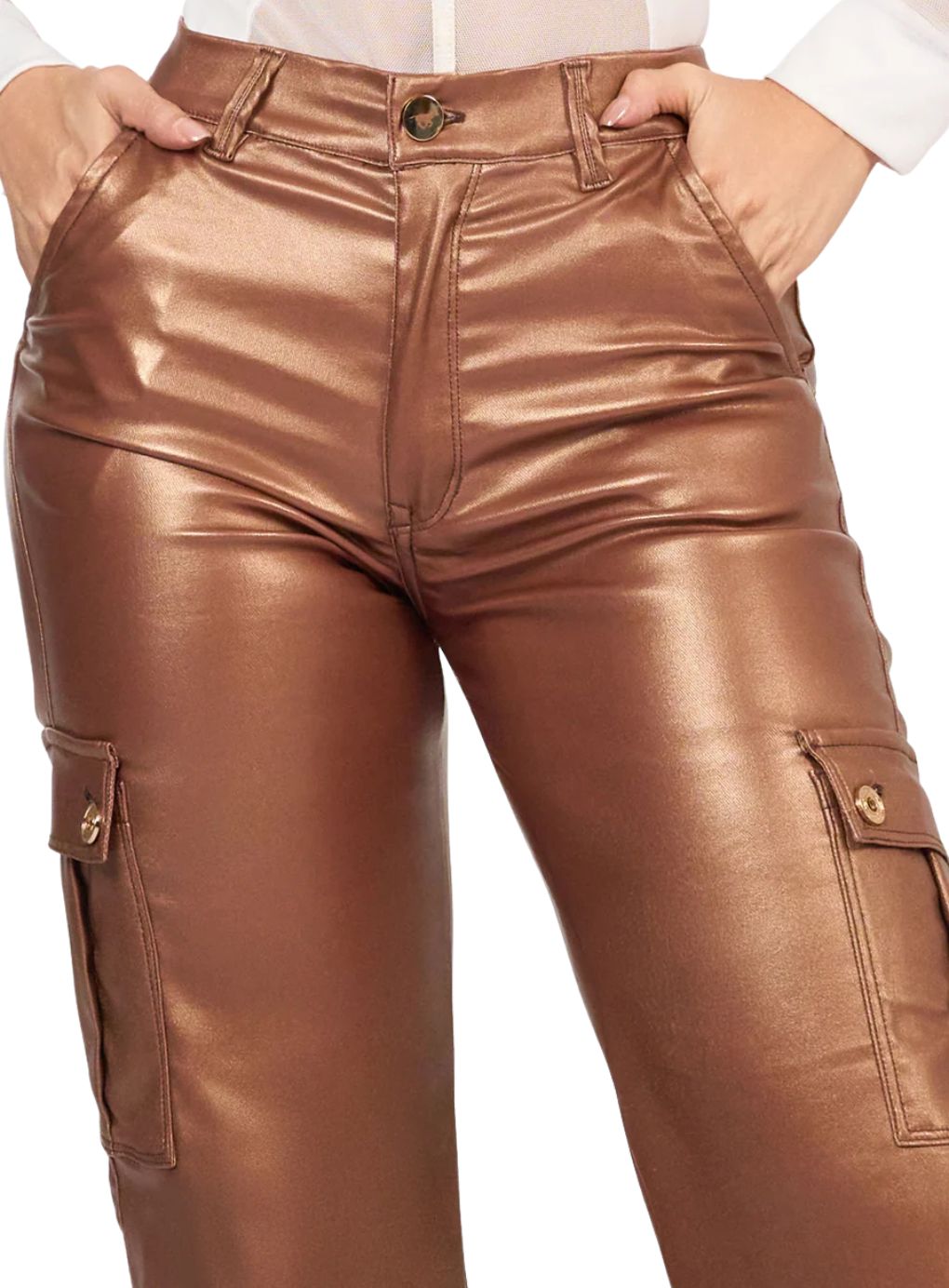 Copper Faux Leather Cargo Pants