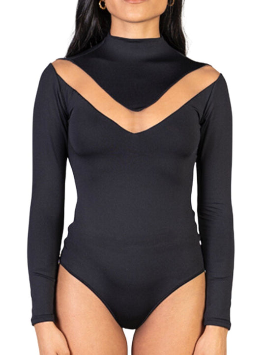 High Neck Long Sleeves Transparency Front Bodysuit