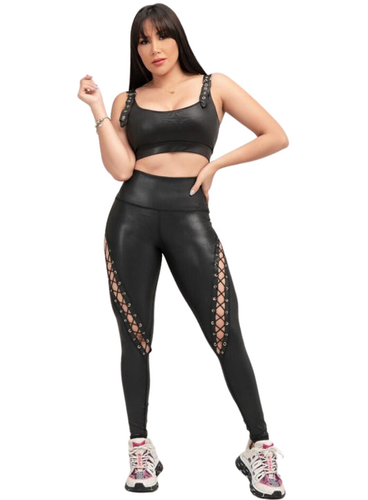 Leather Look Open Lace Up Side Legging