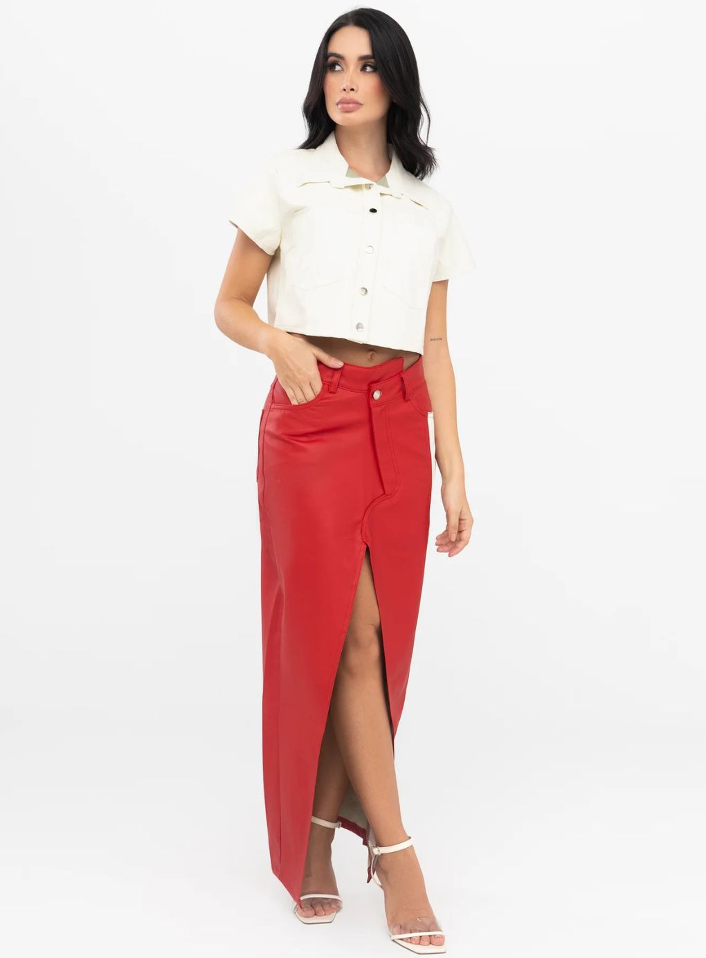Leather Look Long Skirt  Red