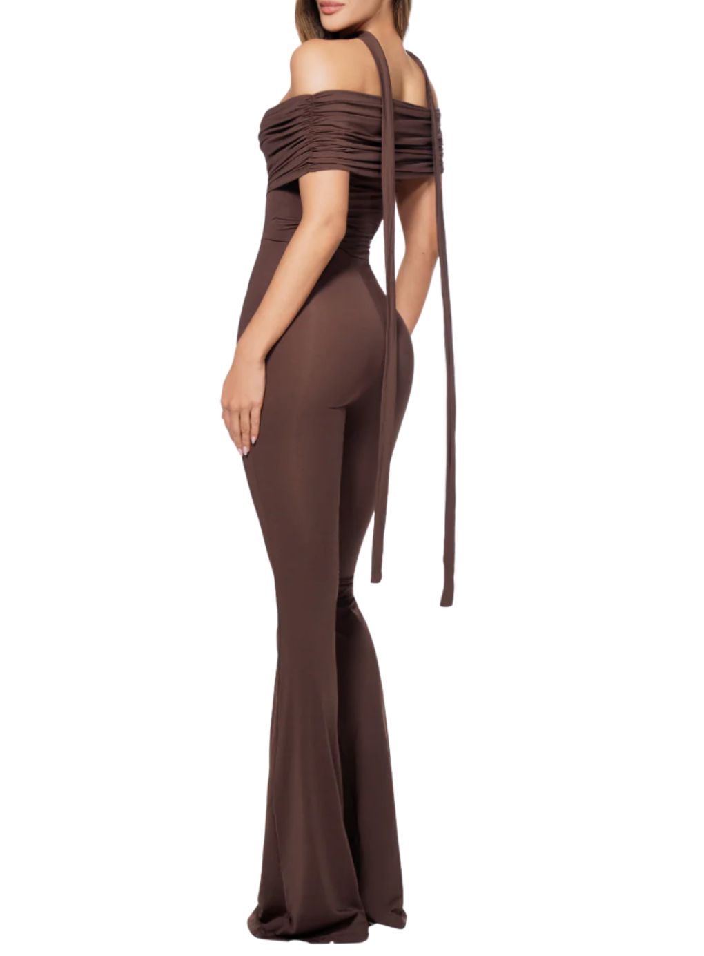 Brown off-shoulder jumpsuit