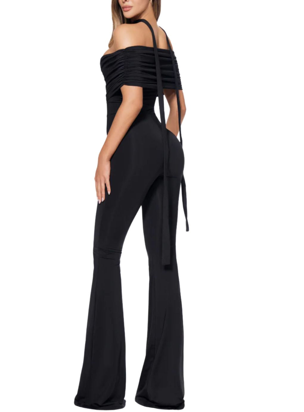 Black off-shoulder jumpsuit with flared legs 
