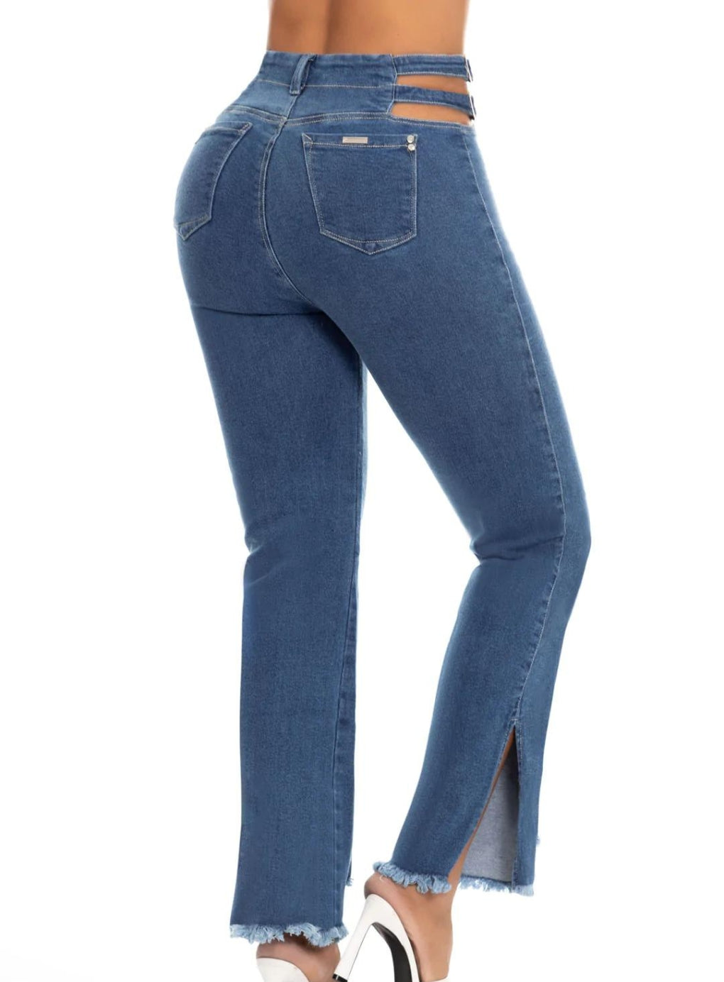 Flared Open Side Waist Jeans with Split Hem