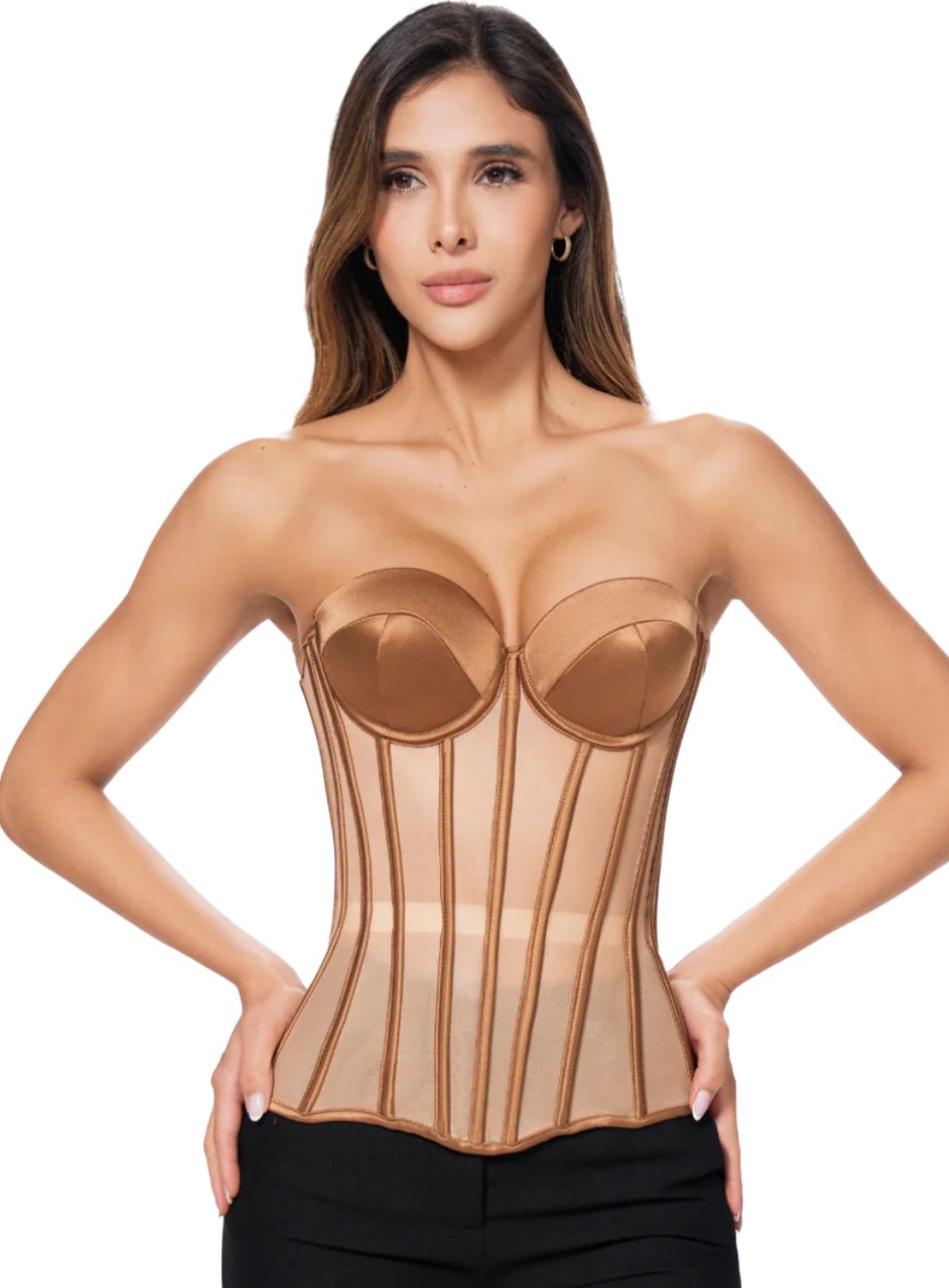Woman wearing a beige corset 