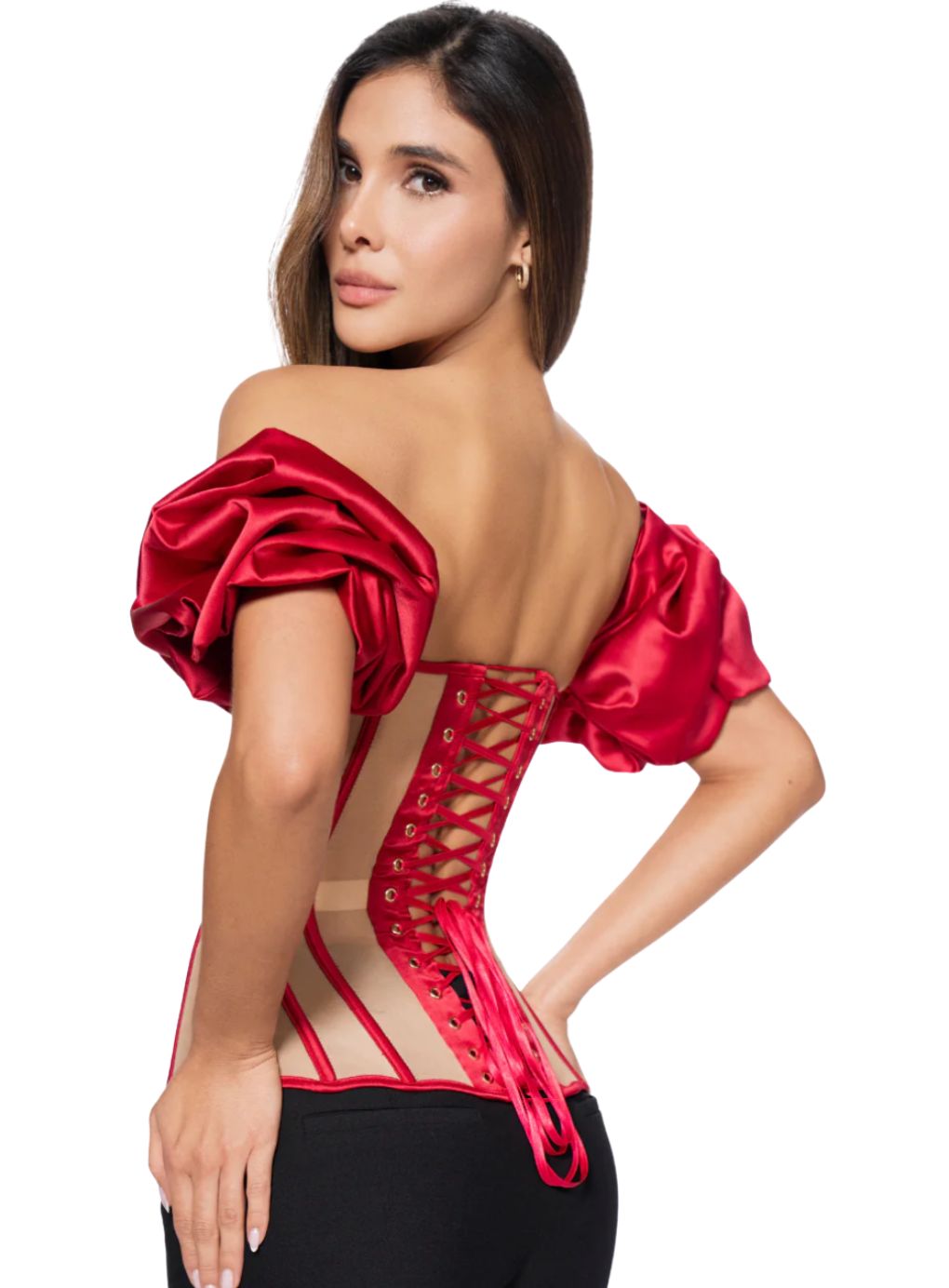 Woman wearing a red satin off-shoulder top with a lace-up back 